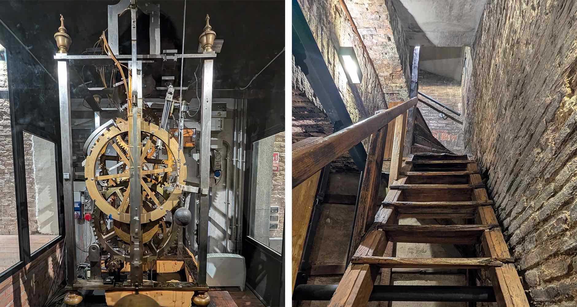 Clock mechanism and historic stairway to the top of Torre dell’Orologio