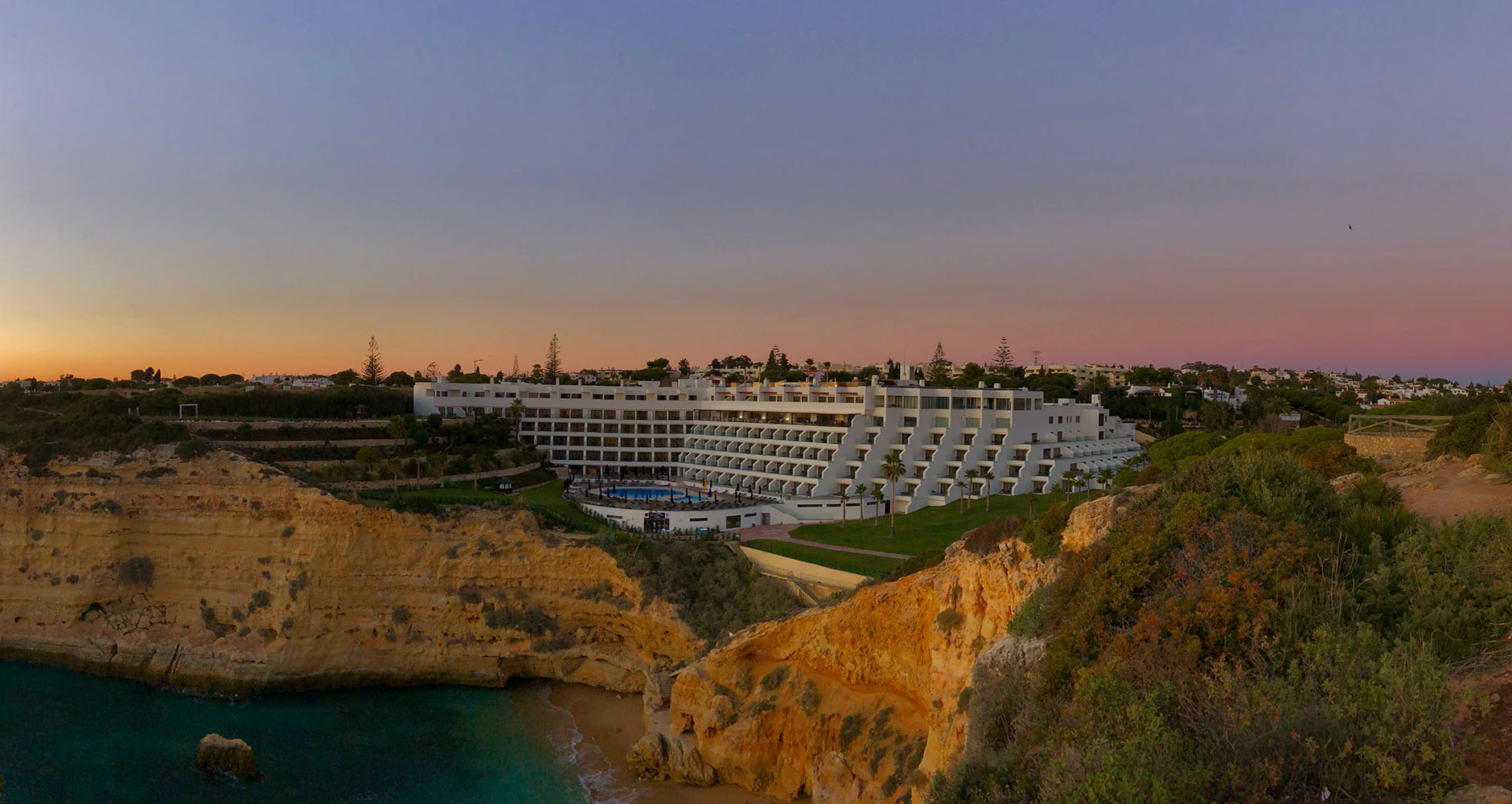 The stunning Tivoli Carvoeiro Algarve Resort at sunset