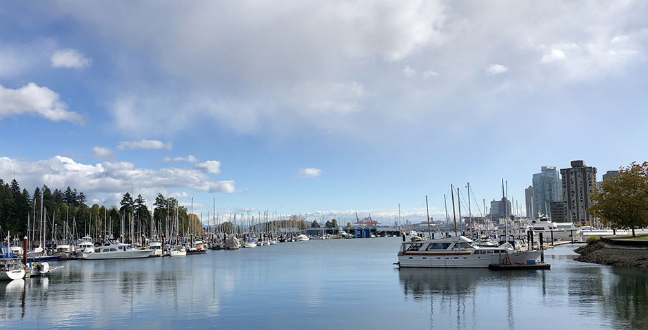 A view of the port and boats taken in Stanley Park, Vancouver