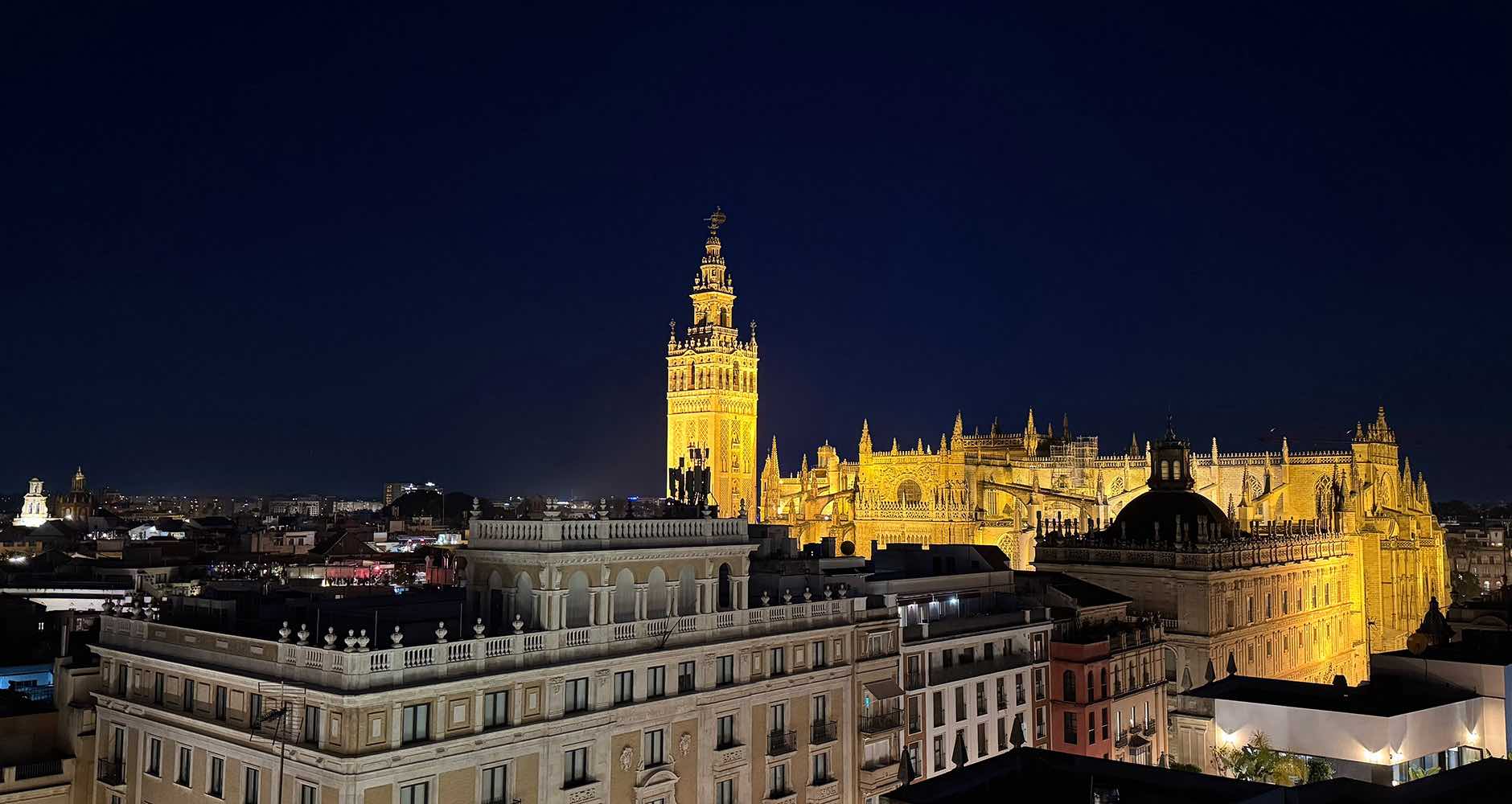 Seville Cathedral lit up at night