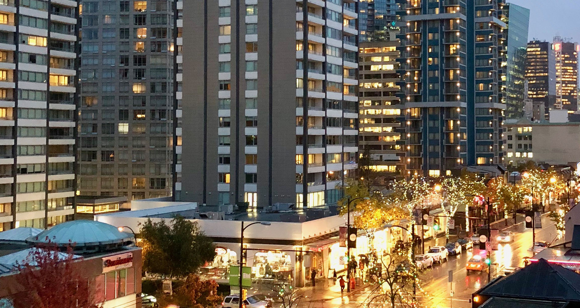 Robson Street in Downtown Vancouver at night, Canada